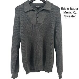 Eddie Bauer Mens XL Gray Fisherman Knit Collared Button Neck Sweater